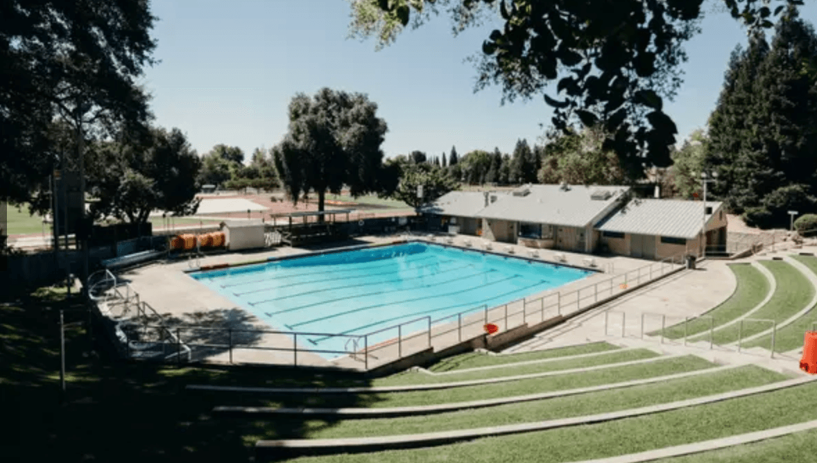 The swimming pool and surrounding grounds on campus.