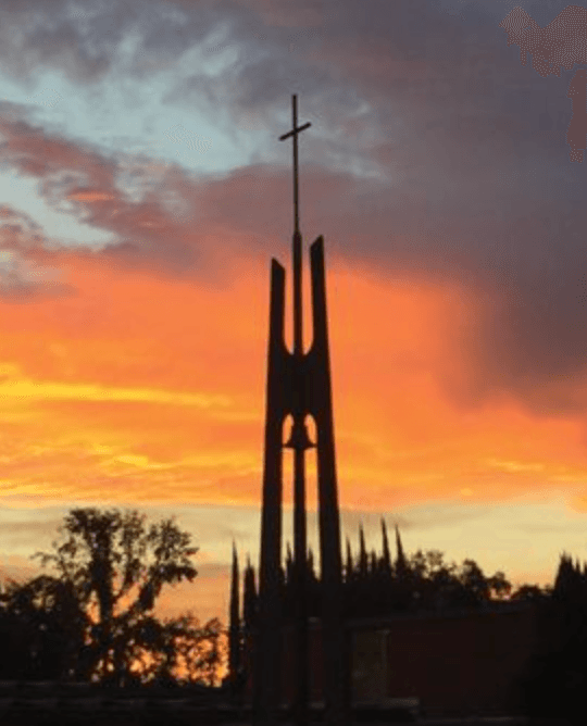 The campus bell tower silhouetted at sunset.